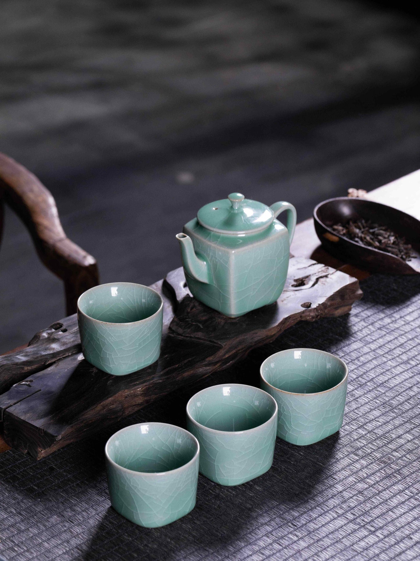 Longquan Celadon 5-Head Round-Top Square-Bottom Teapot set