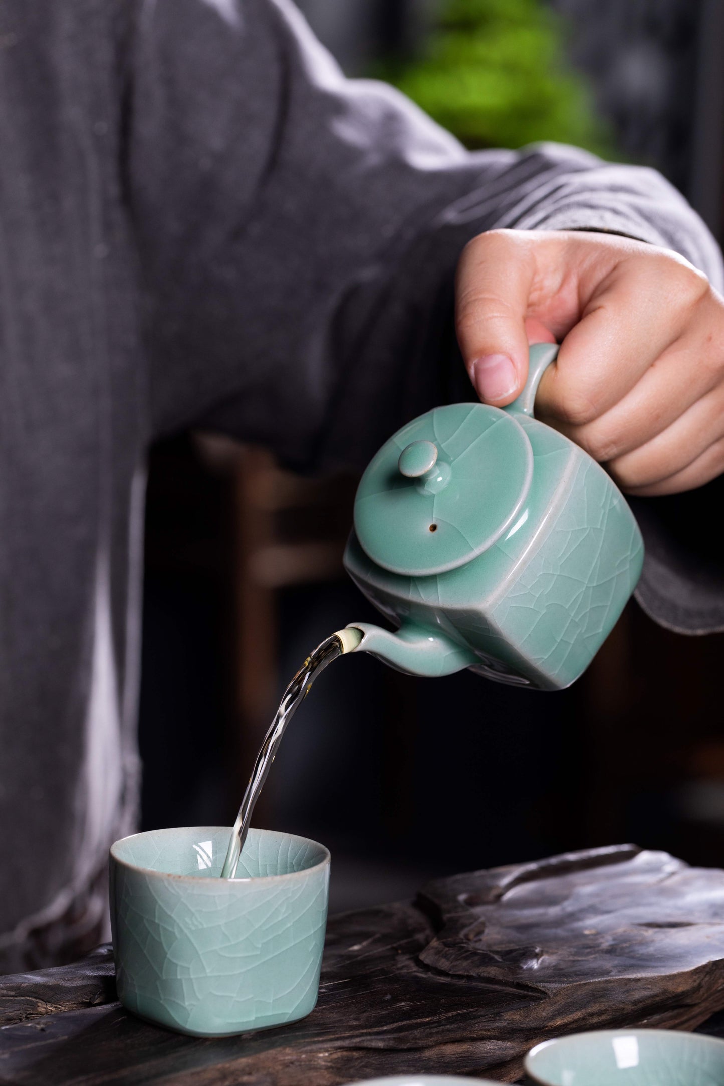 Longquan Celadon 5-Head Round-Top Square-Bottom Teapot set