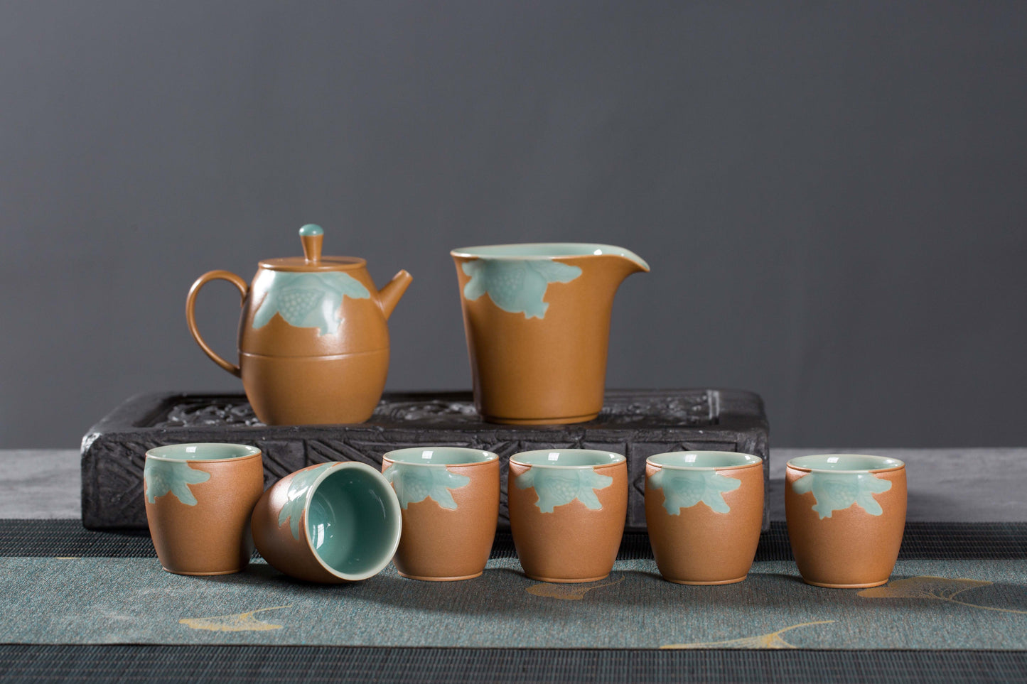 Longquan Gray Glaze Celadon,8-Head Autumn Delight Gray Glaze Teapot set