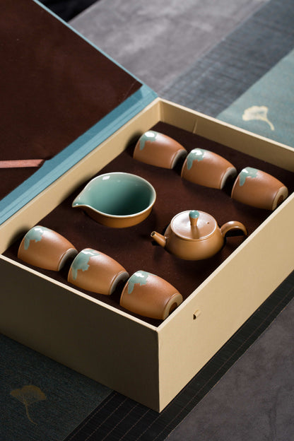 Longquan Gray Glaze Celadon Tea Set — 8-Head “Autumn Delight” Pomegranate Motif Teapot Set