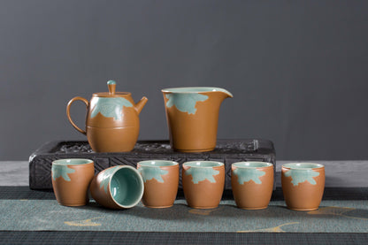 Longquan Gray Glaze Celadon Tea Set — 8-Head “Autumn Delight” Pomegranate Motif Teapot Set