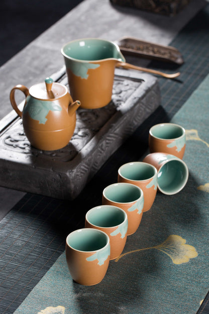 Longquan Gray Glaze Celadon Tea Set — 8-Head “Autumn Delight” Pomegranate Motif Teapot Set
