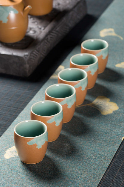 Longquan Gray Glaze Celadon Tea Set — 8-Head “Autumn Delight” Pomegranate Motif Teapot Set