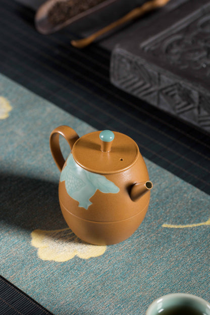 Longquan Gray Glaze Celadon Tea Set — 8-Head “Autumn Delight” Pomegranate Motif Teapot Set