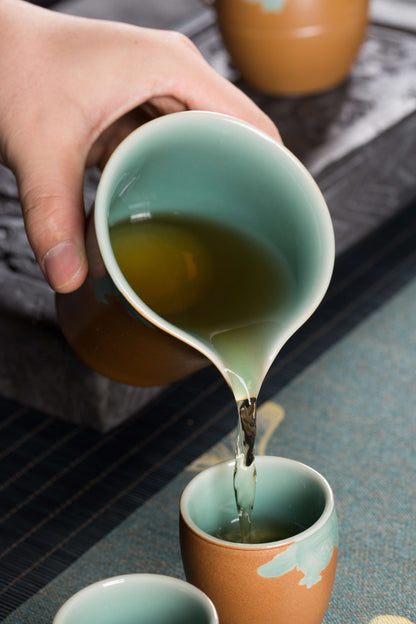 Longquan Gray Glaze Celadon Tea Set — 8-Head “Autumn Delight” Pomegranate Motif Teapot Set