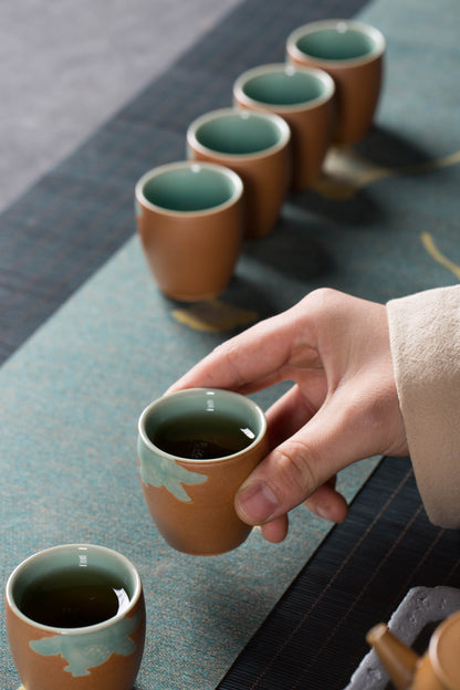 Longquan Gray Glaze Celadon Tea Set — 8-Head “Autumn Delight” Pomegranate Motif Teapot Set